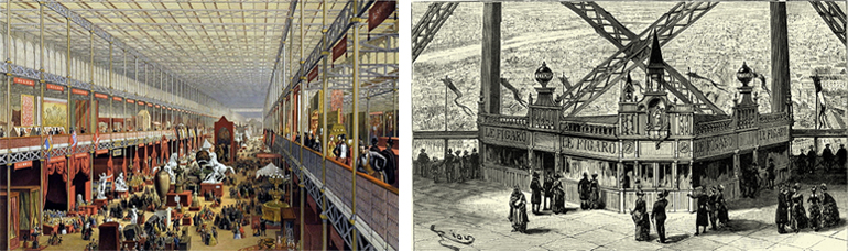 (왼쪽) 1851년 런던에서 열린 최초의 세계박람회 모습. 수정궁 내부의 화려한 인테리어가 돋보입니다. (오른쪽) 프랑스는 1889년 파리 박람회를 기념하기 위해 에펠탑을 제작했습니다